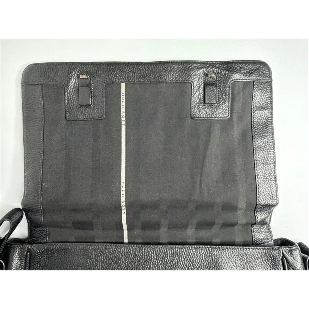 Hugo Boss Genuine Black Leather Laptop Messenger Bag Luxury Work Crossbody Satch